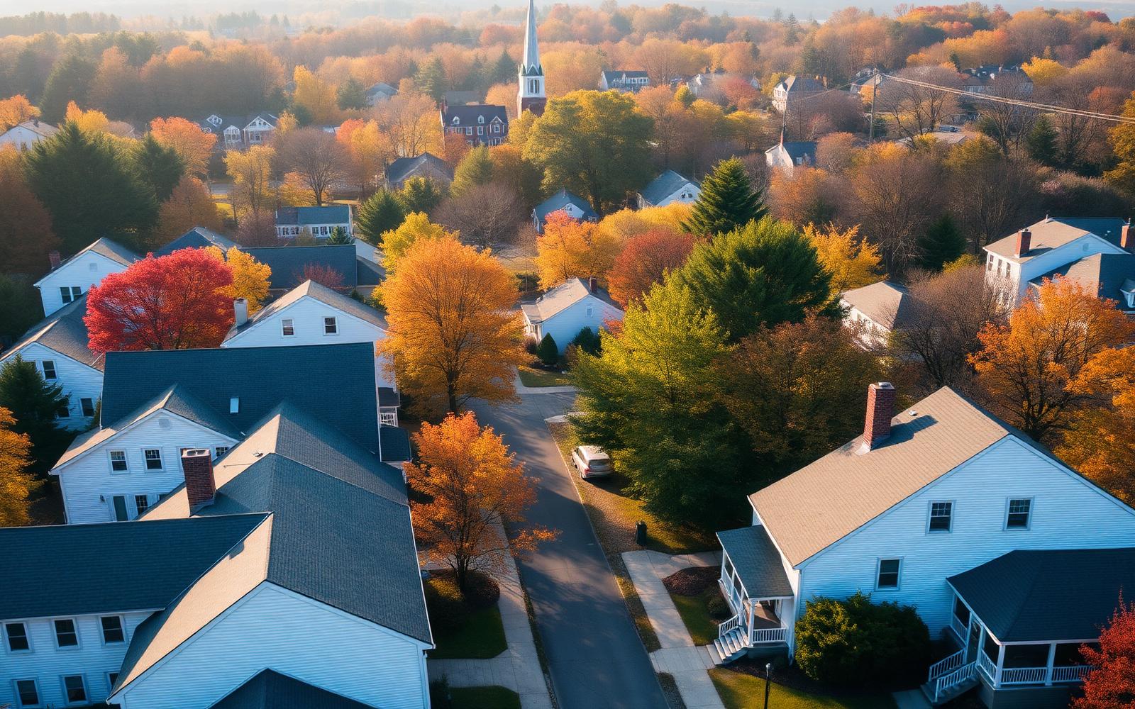Aerial view of a Southern New England residential neighborhood in autumn